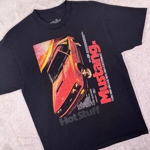 Tee Luv Men's Ford Mustang Hot Stuff Black Graphic T-Shirt Medium Retro Car Tee